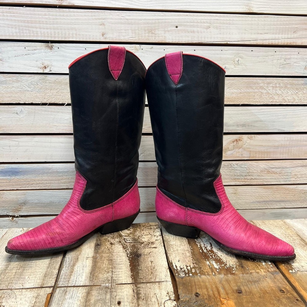 Vintage Nine West Pink Black Leather Rose Western Cowboy Boots 8.5M - Picture 10 of 11